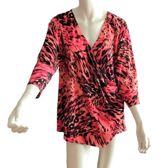 Jennifer Lopez Plus 1X Wrap Animal Print Coral Fuchsia Ruched Surplice Blouse - Picture 1 of 16